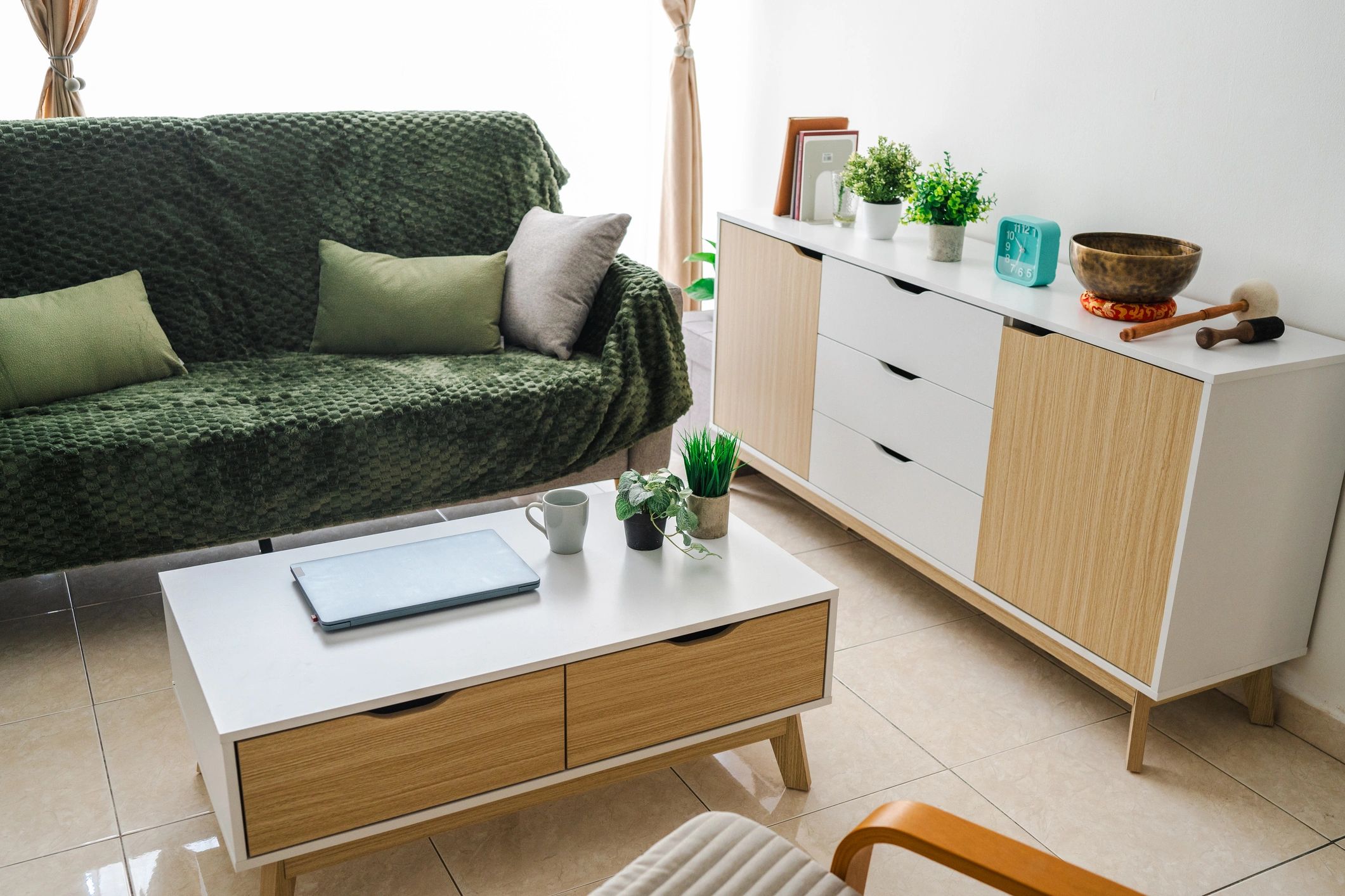 Warm, organized living room with simple furnishings